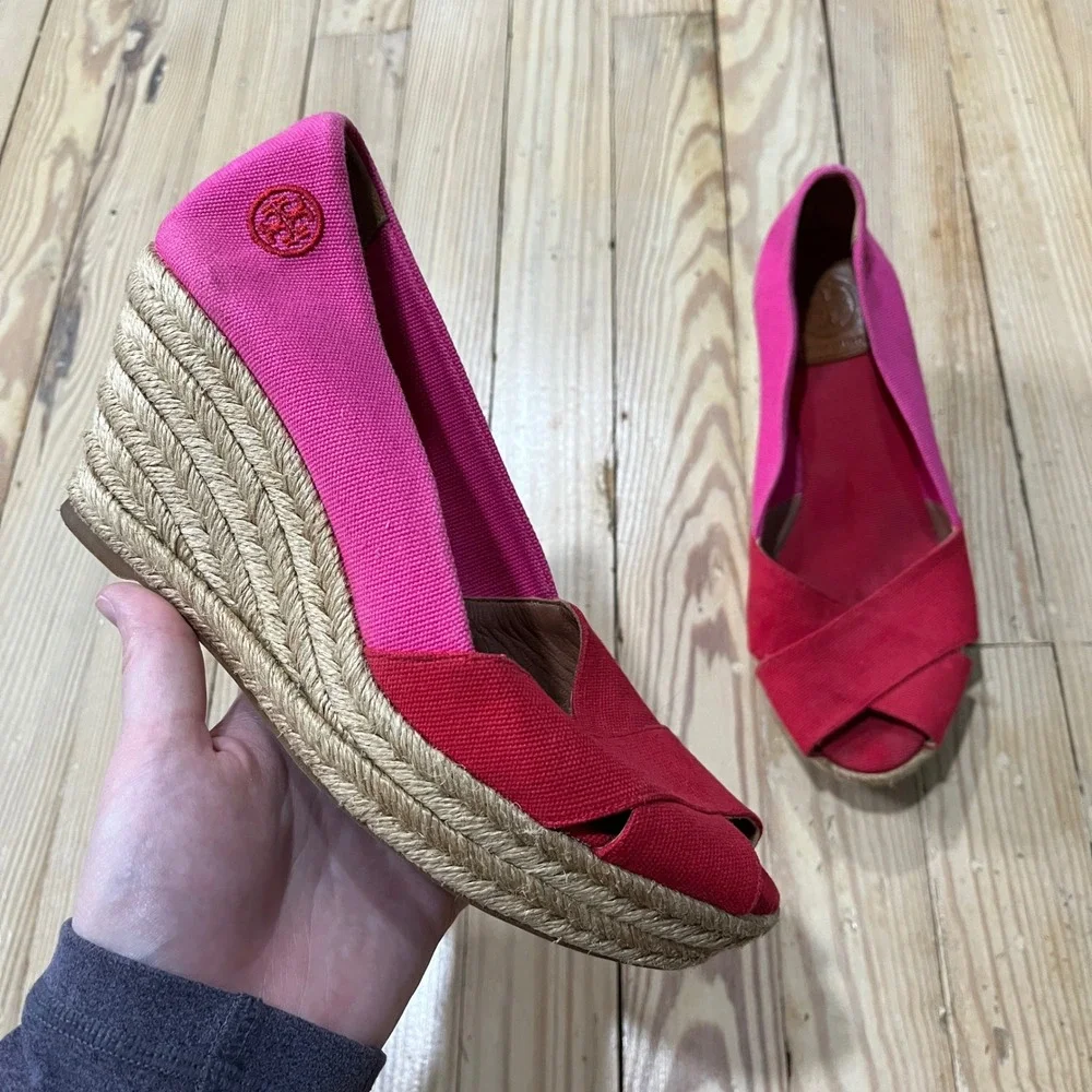 Tory Burch Filipa Espadrille Wedges Womens 8 Pink Red Canvas Peep Toe  Platform